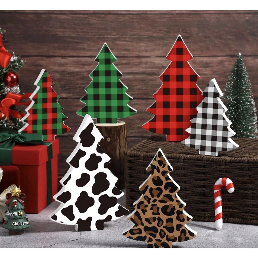 6 Pieces Buffalo Plaid Tiered Tray Decor Wood Table Christmas Tree Rustic Woo...